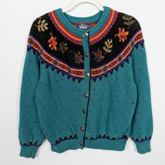 Woolrich sz.M Vintage 90s Grandma Cardigan Sweater Button Up Fair Isle Nordic - Picture 1 of 13